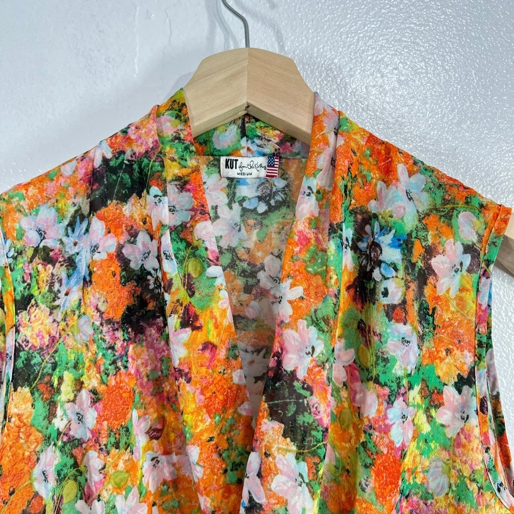 KUT from the‎ Kloth Sleeveless Floral Blouse Medium Draped Front Sheer USA Made